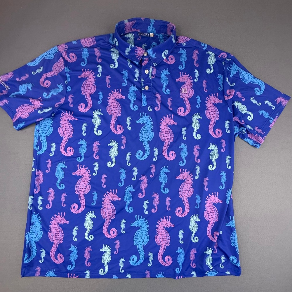 Hreski Polo Shirt Mens XXL Blue Pink‎ Seahorse Print Short Sleeve Golf Resort